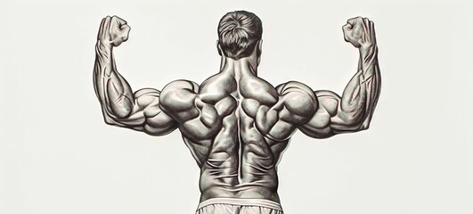 AI-Created Bodybuilding Art: Powerful Rear Double Bicep Pose Black and White Illustration of a Muscular Athlete
