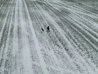 A man with a Siberian husky dog ​​walks outdoors in a field in winter.