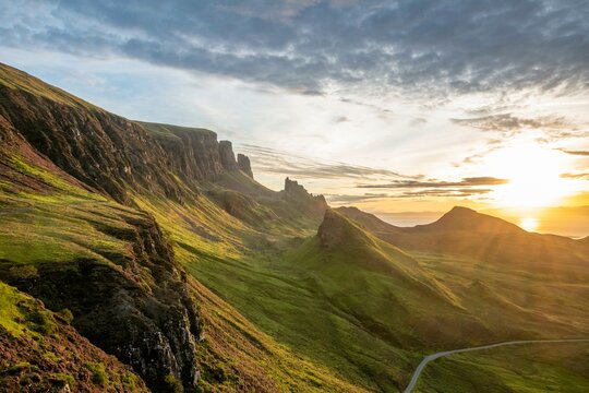 View of rocky landscape Quiraing at sunrise, Trotternish Ridge, Highlands, Isle of Skye, Inner Hebrides, Scotland, United Kingdom, Europe
