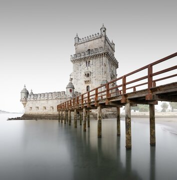 Minimalist long exposure in the square of the Torre de Belem on the river Tejo in Lisbon, Portugal, Europe