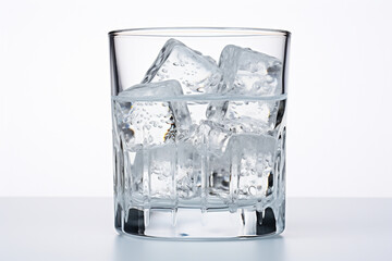 A crystal clear glass filled with refreshing water and ice cubes, set against a clean white background, presenting a crisp and easily isolated image for beverage and hydration conc