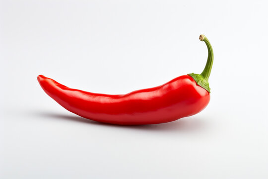 A single red chili pepper, isolated on a pristine white surface, providing a bold and easily separable image for use in spice, culinary, or food-related designs.