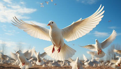 Fototapeta premium Flying seagull, symbol of freedom, spreads wings in mid air generated by AI