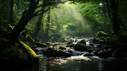 Enchanted Spring Morning: Gentle Stream Through a Blooming Forest, Generative AI illustration