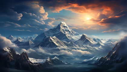 Majestic mountain peak, snow capped, sunset paints nature beauty generated by AI