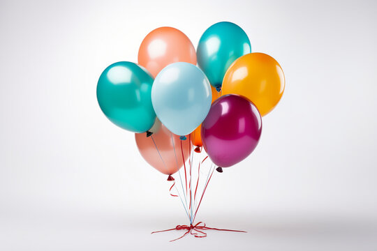 A bundle of colorful helium balloons tied with ribbons, floating against a white backdrop, presenting a festive and easily isolated image for use in celebration and party designs.
