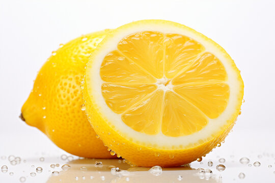 A single vibrant yellow lemon with water droplets, isolated on a clean white backdrop, providing a fresh and easily separable image for use in citrus, cooking, or healthy living co