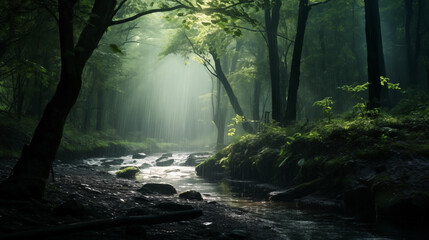 Enchanted Spring Morning: Gentle Stream Through a Blooming Forest, Generative AI illustration