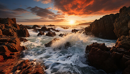 Obraz premium Majestic sunset over tranquil coastline, waves breaking on rocks generated by AI