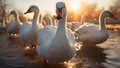 Obraz premium Fluffy duckling family enjoys sunset on the meadow generated by AI
