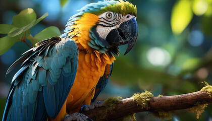 Obraz premium Vibrant blue and yellow macaw perching on a tropical branch generated by AI