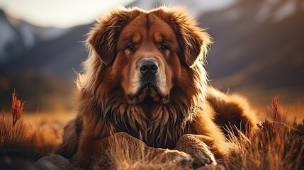 Obraz premium Portrait of a red Tibetan Mastiff lying in the rays of the setting sun, soft focus on the fur and the friendly expression of the dog's muzzle. Concept: large purebred animal, close-up of the muzzle 