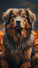 Obraz premium Portrait of a red Tibetan Mastiff lying in the rays of the setting sun, soft focus on the fur and the friendly expression of the dog's muzzle. Concept: large purebred animal, close-up of the muzzle 