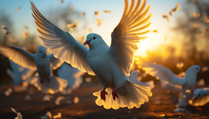 Pigeon feather spreads wings, symbolizing freedom and spirituality generated by AI