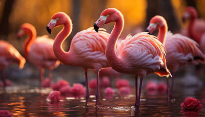 Vibrant pink flamingos wading in tranquil blue pond at sunset generated by AI