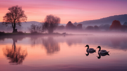 Serene Dawn on Swan Lake: Springtime Reflections, Generative AI illustration