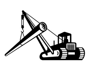 Mascot illustration of a digger excavator with boom crane laying pipe viewed from side in low angle on isolated background done black and white retro style.
