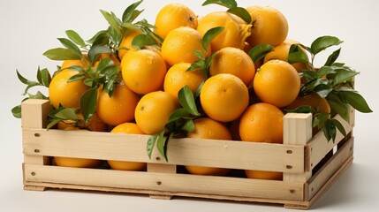  A wooden crate filled with oranges on a black background, listing image, transparent background, made of wood, fruits in a basket.