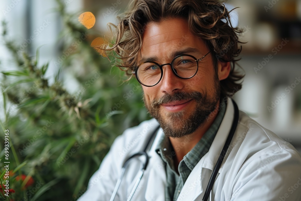 Wall mural A male botanist in laboratory clothes and a cap takes care of a large cannabis inflorescence, examination and plant selection in a controlled environment. Concept: hemp or marijuana, study and legaliz