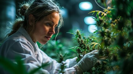 Young female scientist in a lab coat works with cannabis plants in a greenhouse, focus on professional care and research. Concept: medical cannabis or marijuana, study and legalization
