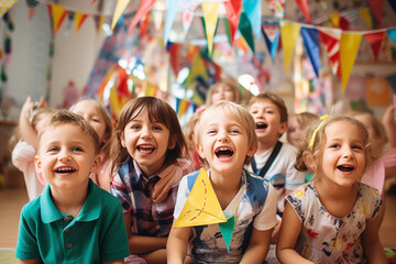 Happy Kids in primary school against festival flags garland