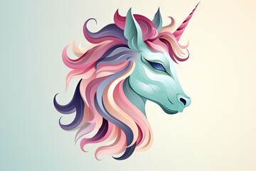 Unicorn head with multicolor mane in pastel colors, stylized and modern icon illustration on a light background
