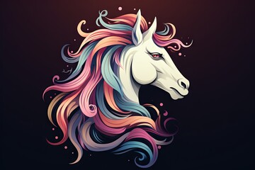 Fototapeta na wymiar Illustration of a unicorn with a bright, multi-colored mane on a dark background, dynamic and expressive design with fantasy elements, icon sign