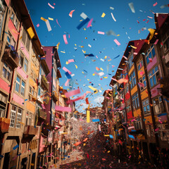 Fototapeta na wymiar Lot of festival confetti on the old Porto street
