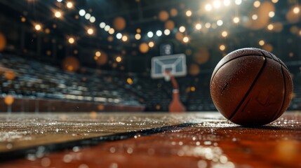 Close-up of a basketball placed in the center of the stadium. Texture and details of the ball on the background of the court