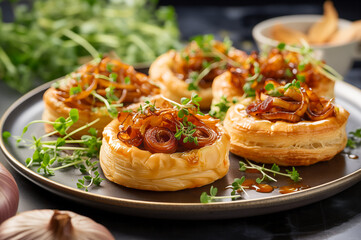 Caramelized onion puff pastry bites on a plate. Horizontal, close-up, side view. - obrazy, fototapety, plakaty