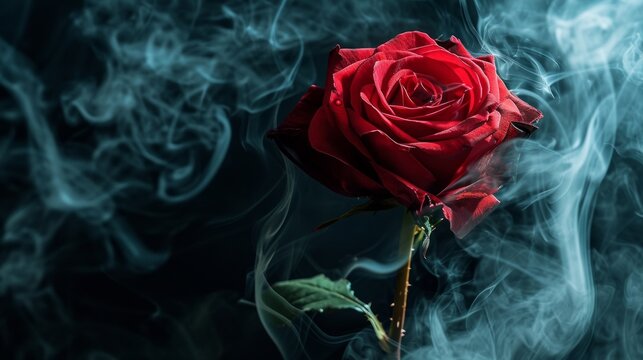A red rose surrounded by clouds of smoke on a black background. Concept of smoky elegance
