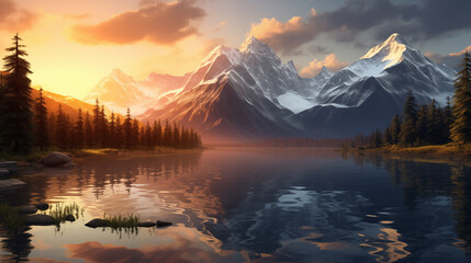 Spring Serenity at Dawn by the Mountain Lake, Generative AI illustration