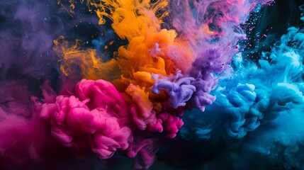 Abstract colorful explosion of neon ink on a black background. Dynamic and bright display of colors and energy - obrazy, fototapety, plakaty