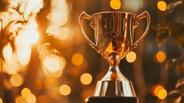 Concept of achievement and success. Gold cup in honor of victory. Winner concept