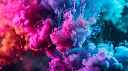 Abstract colorful explosion of neon ink on a black background. Dynamic and bright display of colors and energy - obrazy, fototapety, plakaty