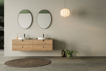 Modern minimalist bathroom interior, bathroom cabinet, double sink, wooden vanity, interior plants, bathroom accessories, bathtub, sea view, white and green wall, concrete floor