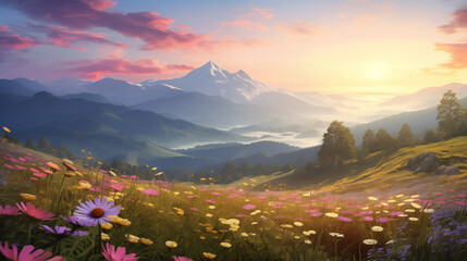 Spring Serenity at Dawn by the Mountain Lake, Generative AI illustration