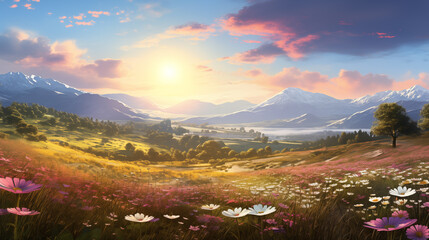 Spring Serenity at Dawn by the Mountain Lake, Generative AI illustration