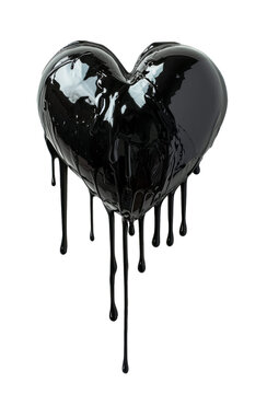 Heart Shape Dripping and Oozing Black Wet Dark Oil, Tainted Ink, or Toxic Paint Substance Isolated on Transparent Background