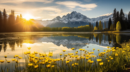 Spring Serenity at Dawn by the Mountain Lake, Generative AI illustration