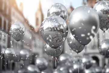 Silver inflatable balloons in city with silver confetti, bokeh effect, Generative AI