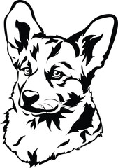 Cartoon Black and White Isolated Illustration Vector Of A Pet Corgi Puppys Face and Head