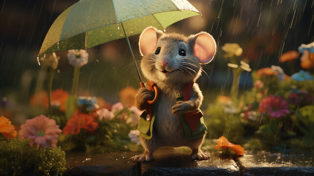 Rainy Day Reverie with a Cheerful Mouse, Generative AI illustration
