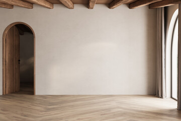 Boho cozy empty living room design, pastel color wall mockup,