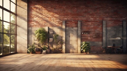 Interior of a modern minimalist industrial style house, exposed brick walls with lighting from large glass windows.