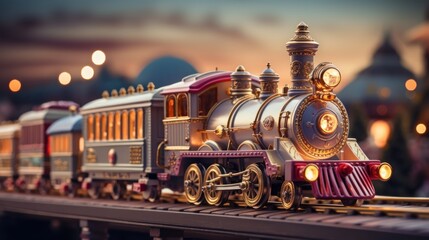 Toy Train on Tracks with Magical Evening Glow