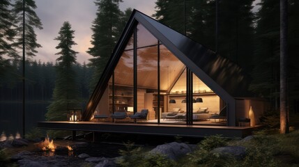 Fototapeta premium Glass cabin outdoors in the forest, with modern and contemporary triangular architecture 
