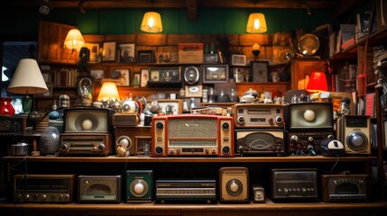 Vintage Radios Collection on Shelves - obrazy, fototapety, plakaty