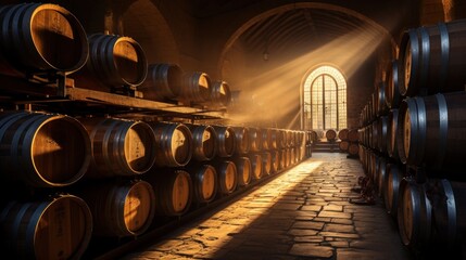 Sunlit Wine Cellar with Oak Barrels