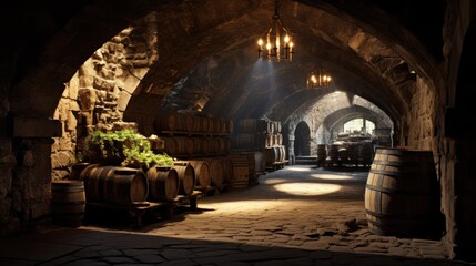 Medieval Stone Wine Cellar with Barrels - obrazy, fototapety, plakaty